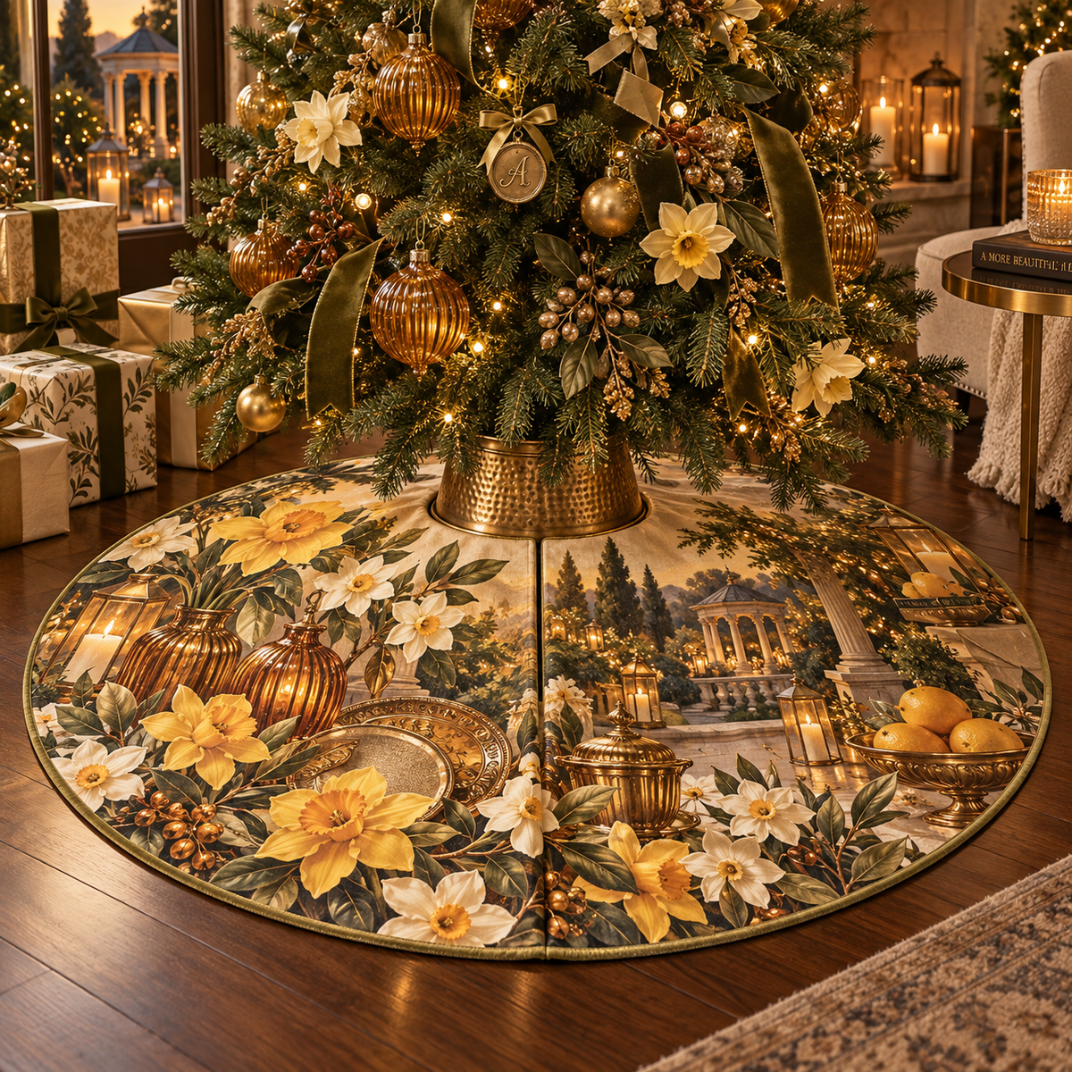 One tree skirt with a continuous Daffodil Amberglass Welcome Supper, golden flowers, amber glass, brass accents and candlelit garden depth.