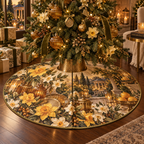 One tree skirt with a continuous Daffodil Amberglass Welcome Supper, golden flowers, amber glass, brass accents and candlelit garden depth.