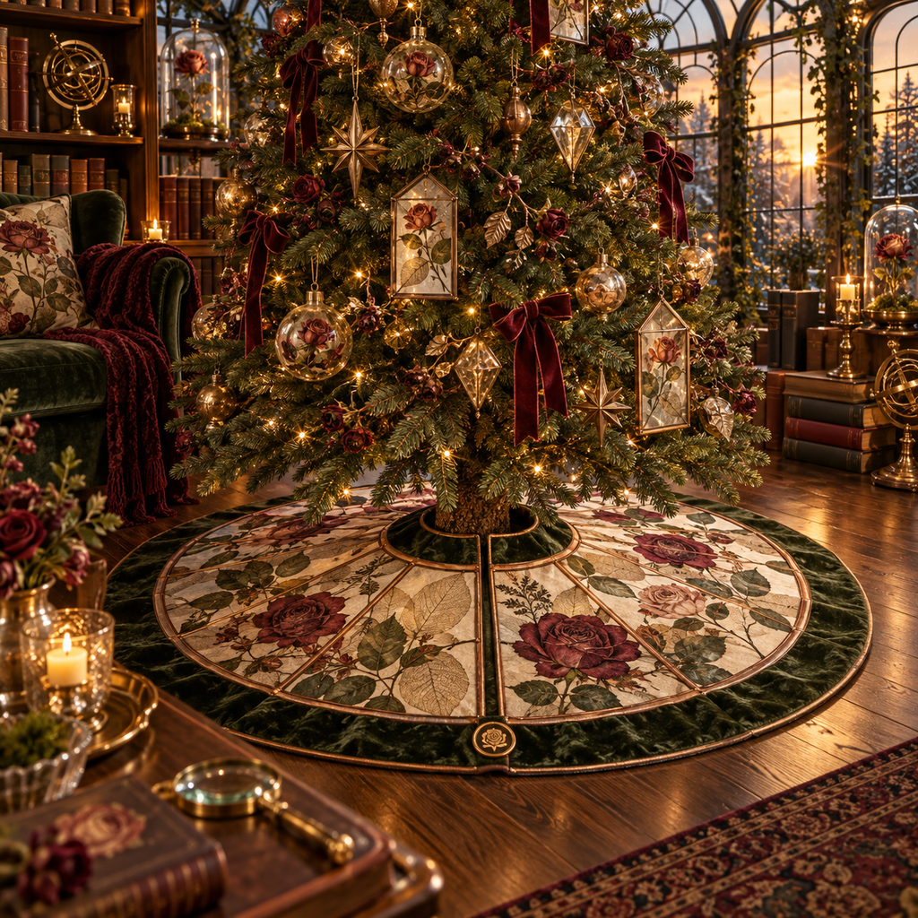 One tree skirt with a continuous Rose Glassleaf Reading Conservatory, pressed roses, copper herbarium glass, leather books and amber library depth.