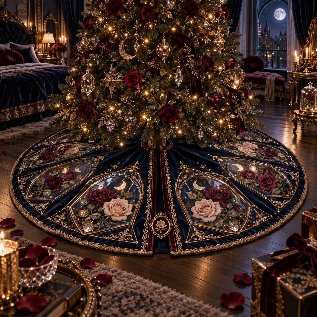One tree skirt with a continuous Rose Nocturne Specimen Gallery, pressed roses, gilded glass, indigo velvet and moonlit bedroom depth.