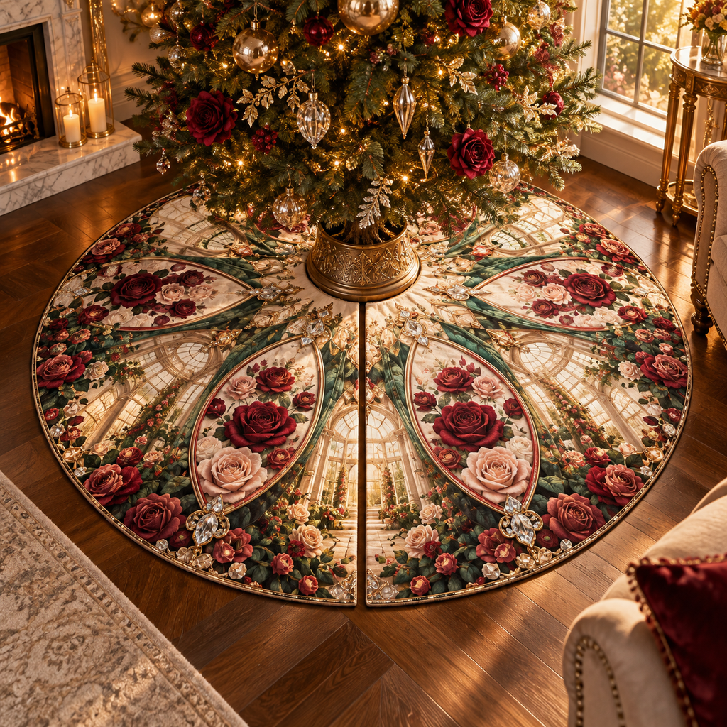 One tree skirt with a continuous Rose Solarium Grand Salon, pressed roses, gilded glass, indigo velvet and sunlit grand-salon depth.
