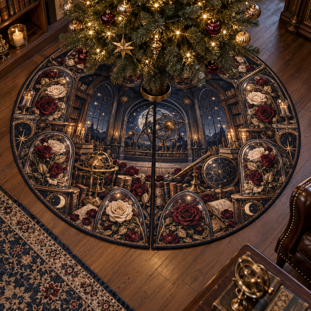 One tree skirt with a continuous Rose Archivist Observatory, pressed roses, gilded glass, indigo velvet and celestial observatory-office depth.
