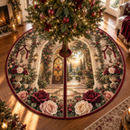 One tree skirt with a continuous Rose Hearthglass Welcome House, pressed roses, gilded glass, indigo velvet and luminous garden-foyer depth.