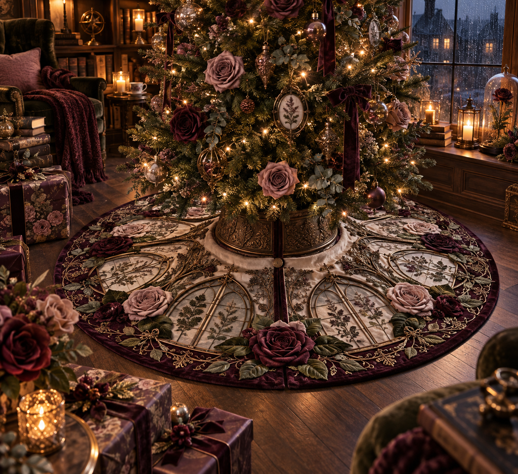 One tree skirt with an original Rose Embernook Conservatory, dimensional roses, botanical glass and candlelit quiet-corner depth.