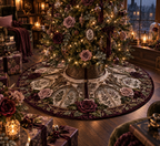 One tree skirt with an original Rose Embernook Conservatory, dimensional roses, botanical glass and candlelit quiet-corner depth.