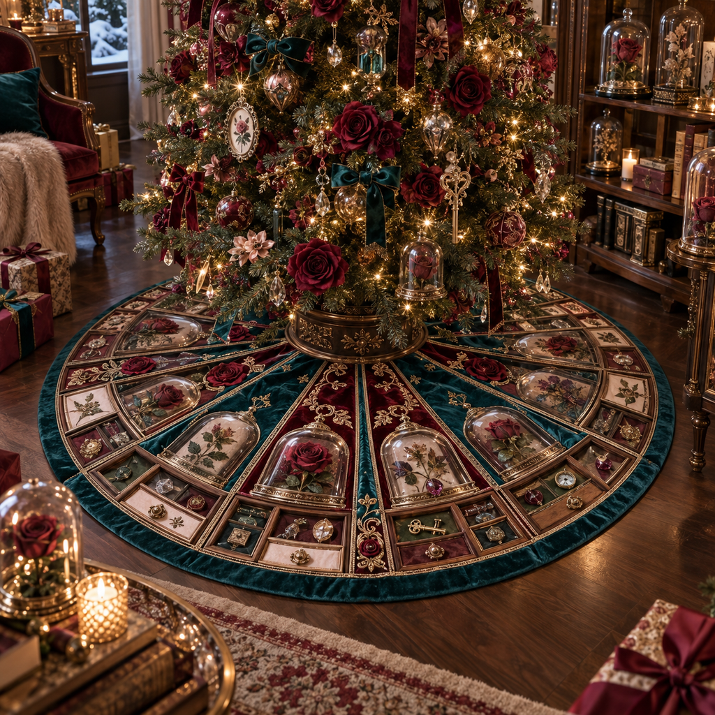One tree skirt with an original Rose Curator Birthday Cabinet, dimensional roses, botanical glass and candlelit quiet-corner depth.
