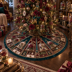 One tree skirt with an original Rose Curator Birthday Cabinet, dimensional roses, botanical glass and candlelit quiet-corner depth.