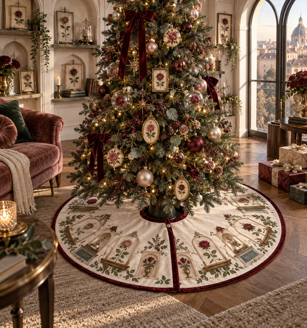 One tree skirt with an original Rose Salon Wallscape, dimensional roses, botanical glass and candlelit quiet-corner depth.