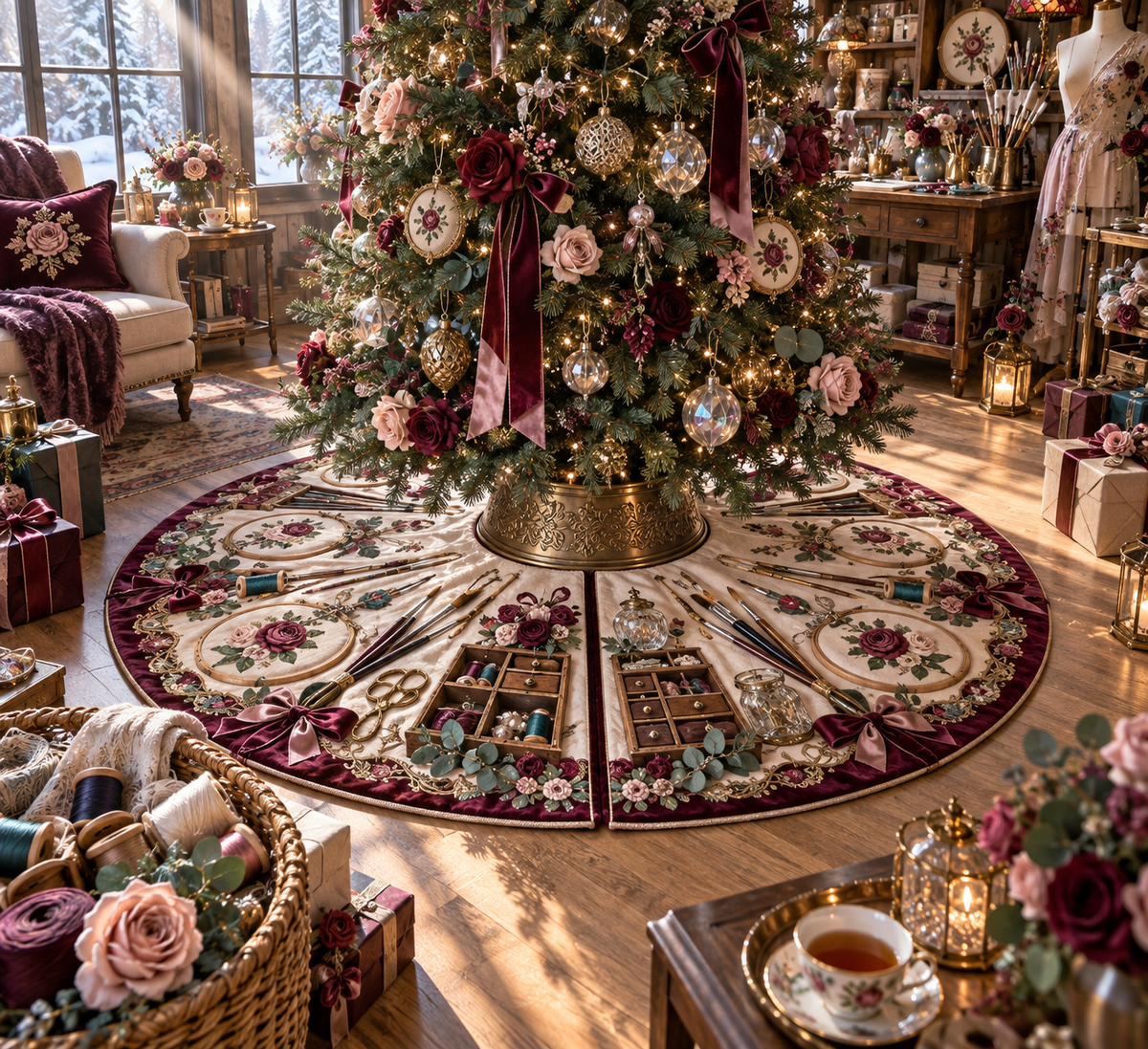 One tree skirt with an original Rose Atelier Identity, dimensional roses, sewing tools and sunlit atelier depth.