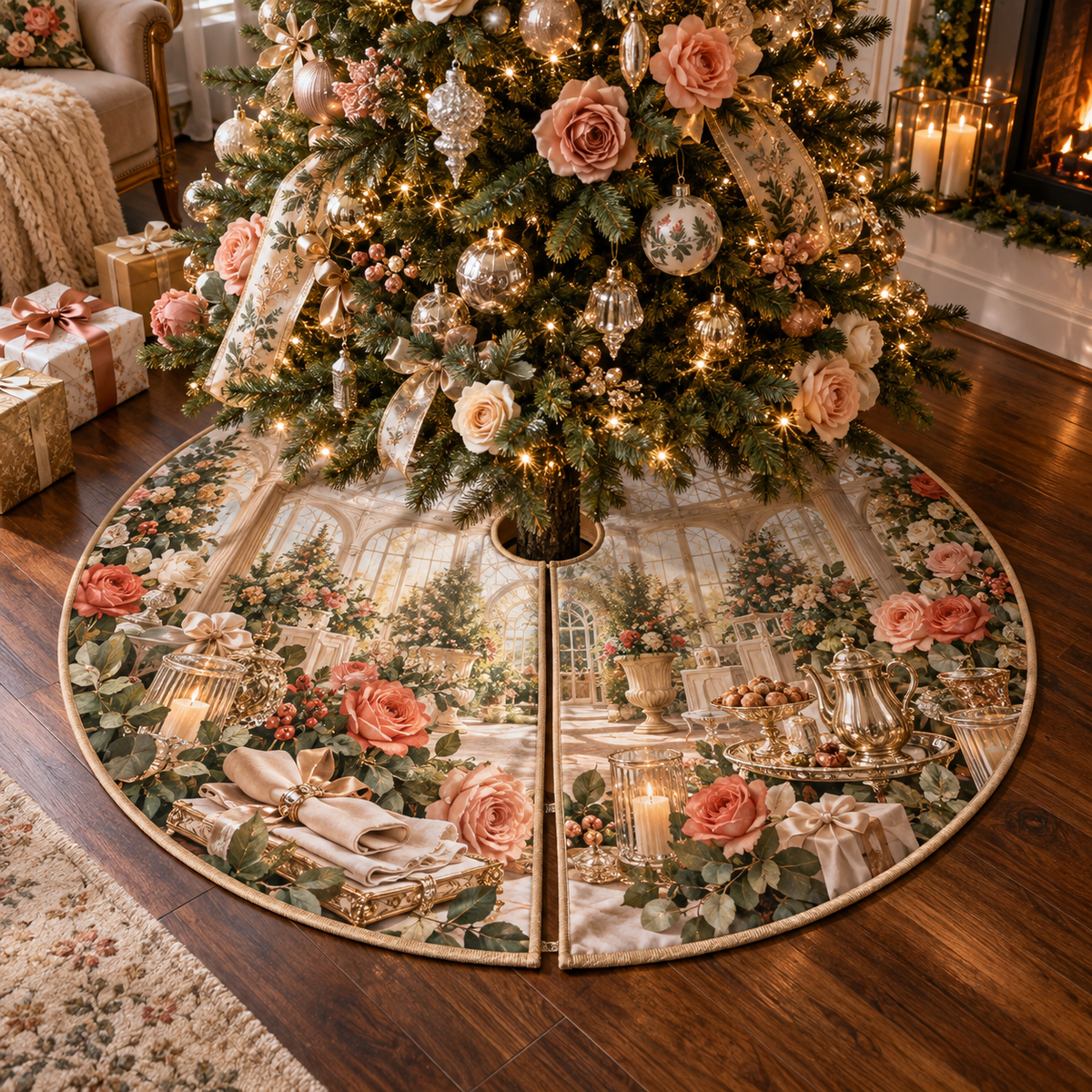 One tree skirt with an original Rose Gratitude Conservatory, dimensional roses, crystal and sunlit conservatory depth.