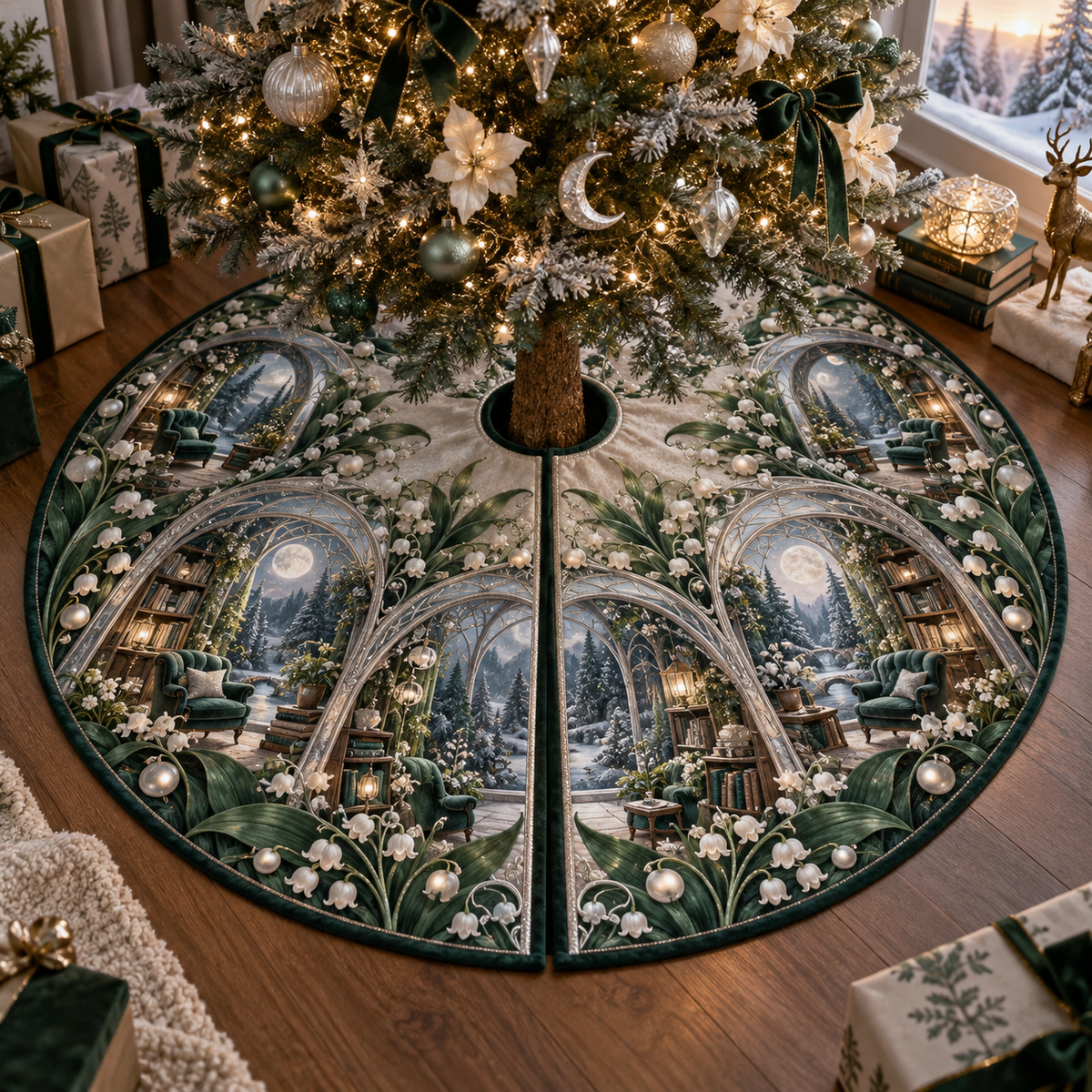 One tree skirt with an original Moonbell Reading Conservatory, dimensional moonbells, silver glass and moonlit library depth.