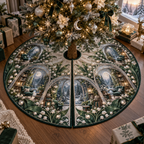 One tree skirt with an original Moonbell Reading Conservatory, dimensional moonbells, silver glass and moonlit library depth.