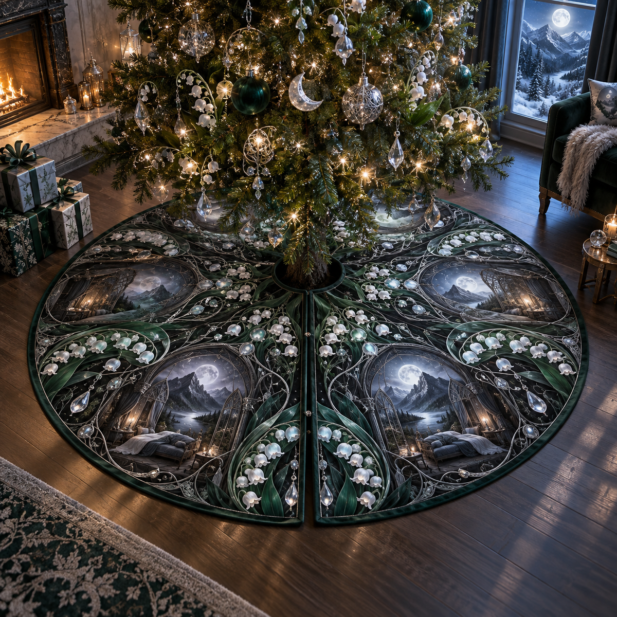 One tree skirt with an original Emerald Moonbell Grand Chamber, dimensional moonbells, smoky glass and moonlit grand-bedroom depth.