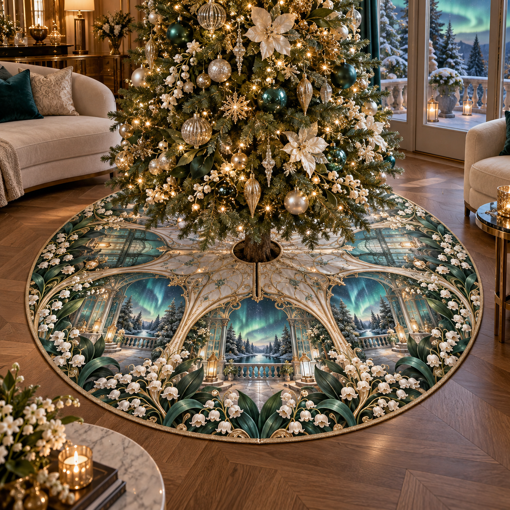 One tree skirt with an original Moonbell Aurora Salon, dimensional moonbells, teal glass and luminous aurora-salon depth.