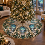 One tree skirt with an original Moonbell Aurora Salon, dimensional moonbells, teal glass and luminous aurora-salon depth.