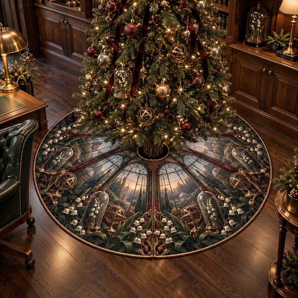 One tree skirt with an original Moonbell Scholar Atrium, dimensional moonbells, specimen glass and luminous scholar-atrium depth.