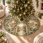 One tree skirt with an original Moonbell Hearthglass Welcome, dimensional moonbells, amber lanterns and luminous welcome-courtyard depth.