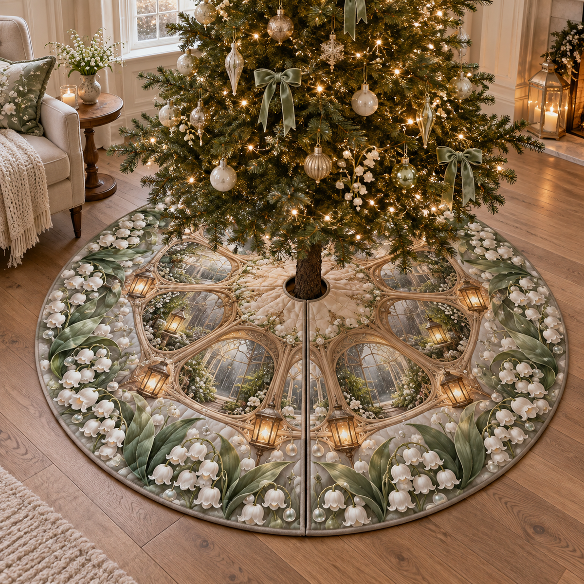 One tree skirt with an original Moonbell Whisperglass Alcove, dimensional moonbells, opaline droplets and luminous reading-alcove depth.