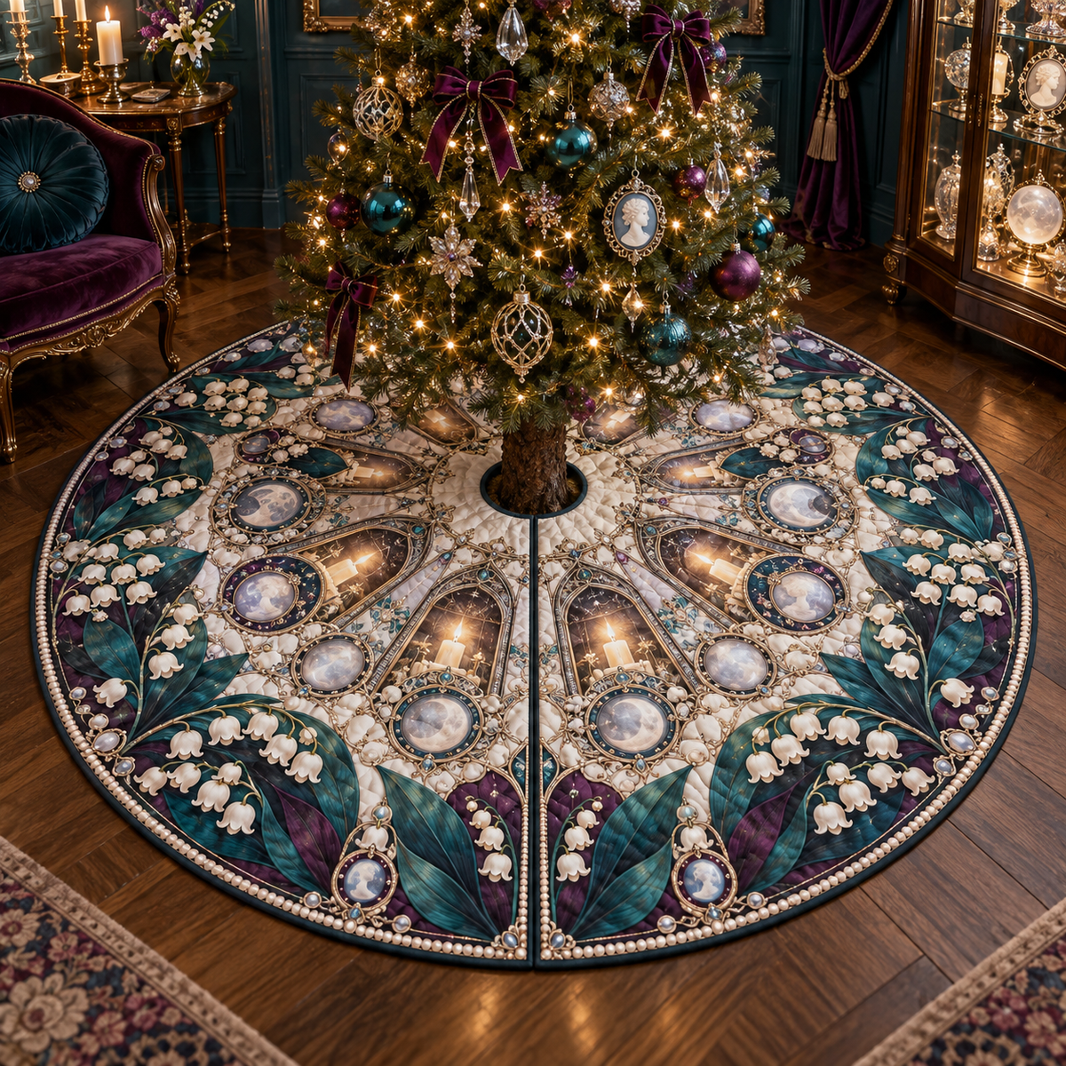 One tree skirt with an original Moonbell Reliquary Jubilee, dimensional moonbells, moonstone cameos and luminous collector-reliquary depth.