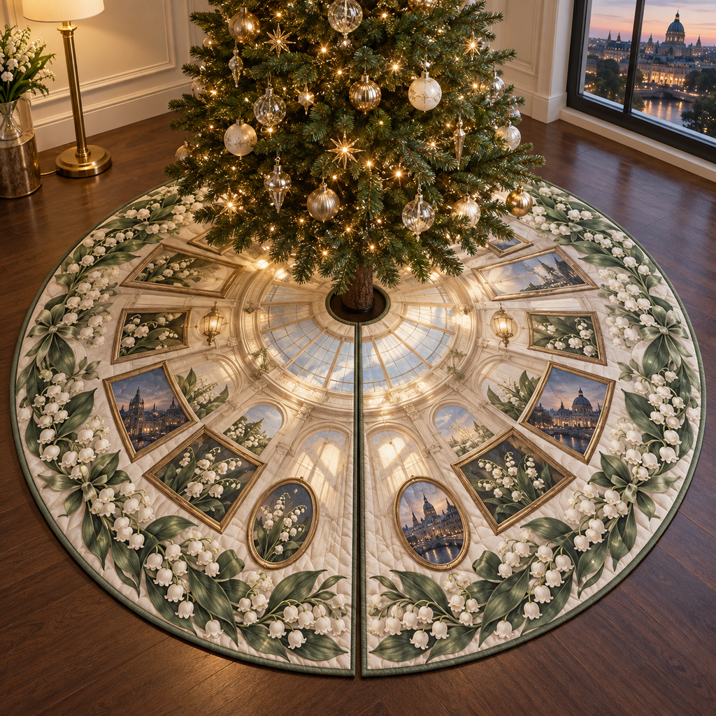 One tree skirt with an original Moonbell Skylight Gallery, dimensional moonbells, layered frames and luminous apartment-gallery depth.