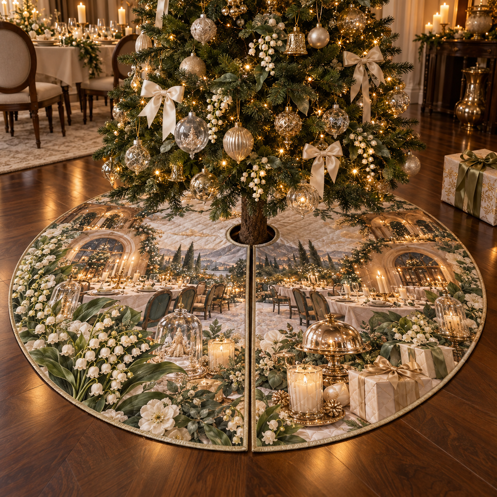 One tree skirt with an original Moonbell Gratitude Supper, dimensional moonbells, glass keepsakes and candlelit hospitality depth.