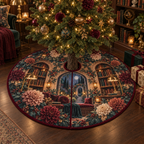 One tree skirt with an original Dahlia Lantern Library, dimensional dahlias, arched bookshelves and moonlit library depth.