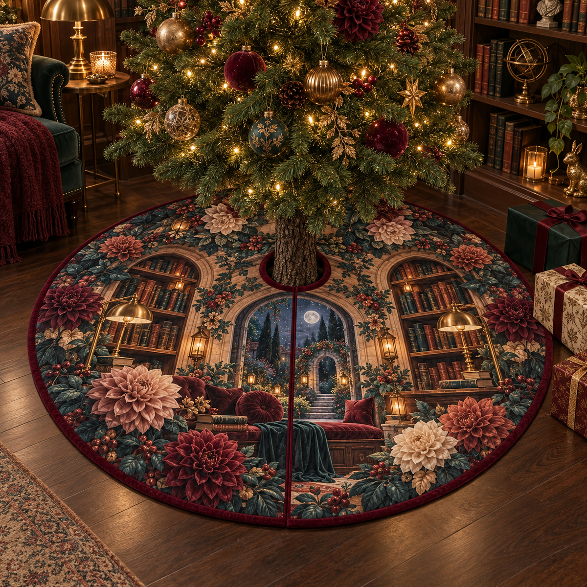 One tree skirt with an original Dahlia Lantern Library, dimensional dahlias, arched bookshelves and moonlit library depth.