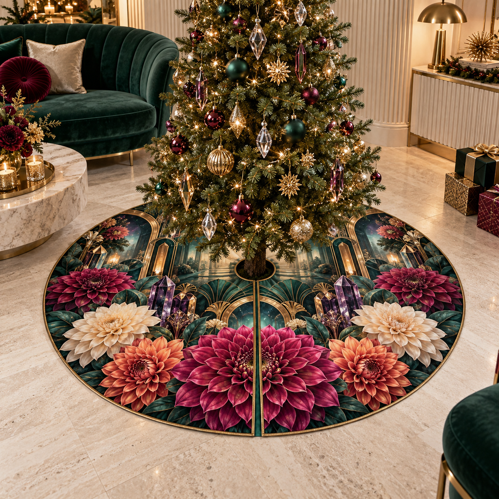 One tree skirt with an original Dahlia Prism Salon, dimensional dahlias, crystal prisms and Art Deco salon depth.