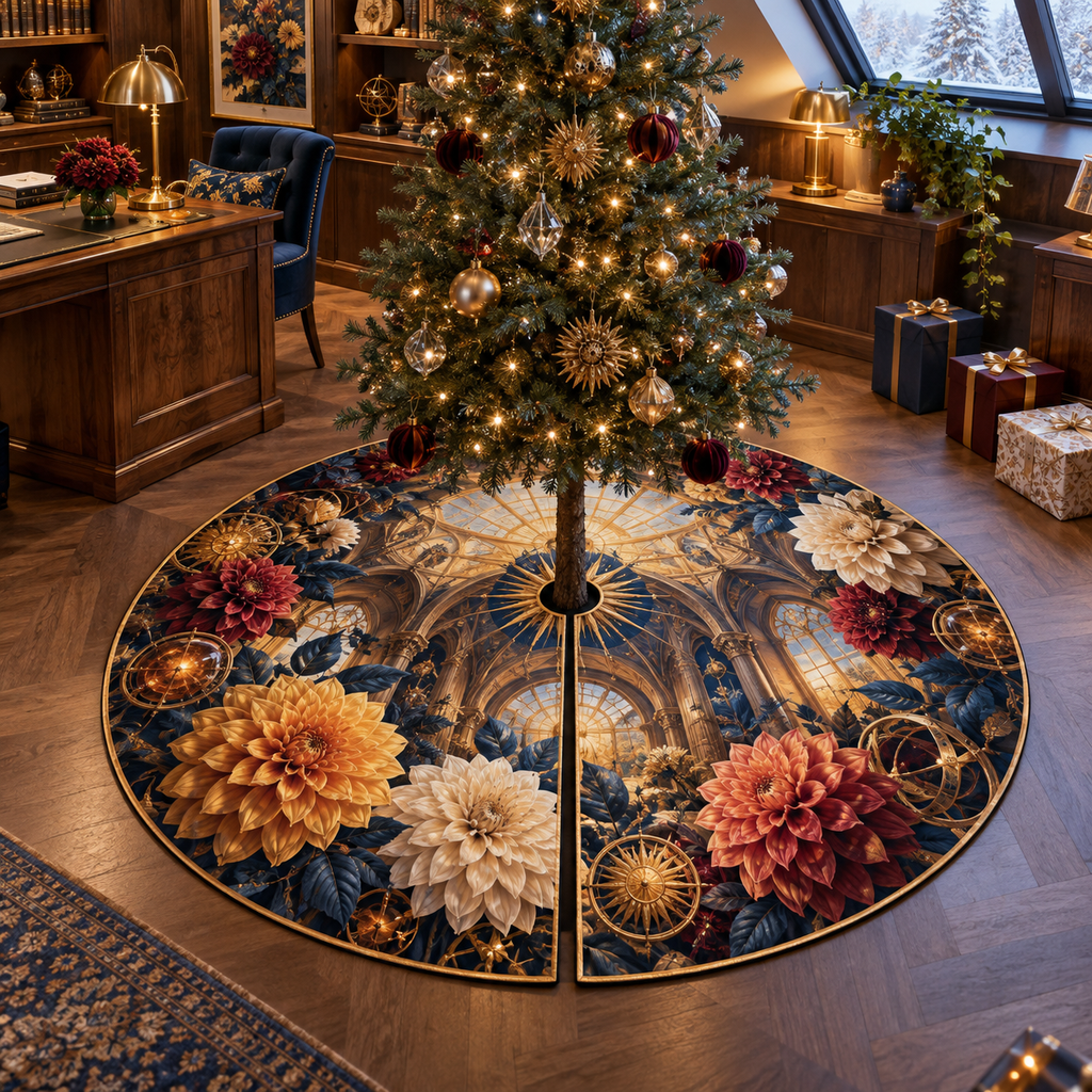 One tree skirt with an original Dahlia Sunburst Study, dimensional dahlias, sunburst medallions and skylit study depth.