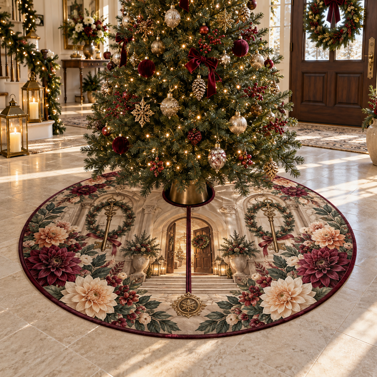 One tree skirt with an original Dahlia Heirloom Welcome, dimensional dahlias, heirloom keys and welcoming threshold depth.