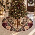 One tree skirt with an original Dahlia Heirloom Welcome, dimensional dahlias, heirloom keys and welcoming threshold depth.