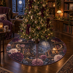 One tree skirt with an original Dahlia Moonlit Reading Alcove, dimensional dahlias, moonlit books and reading-alcove depth.