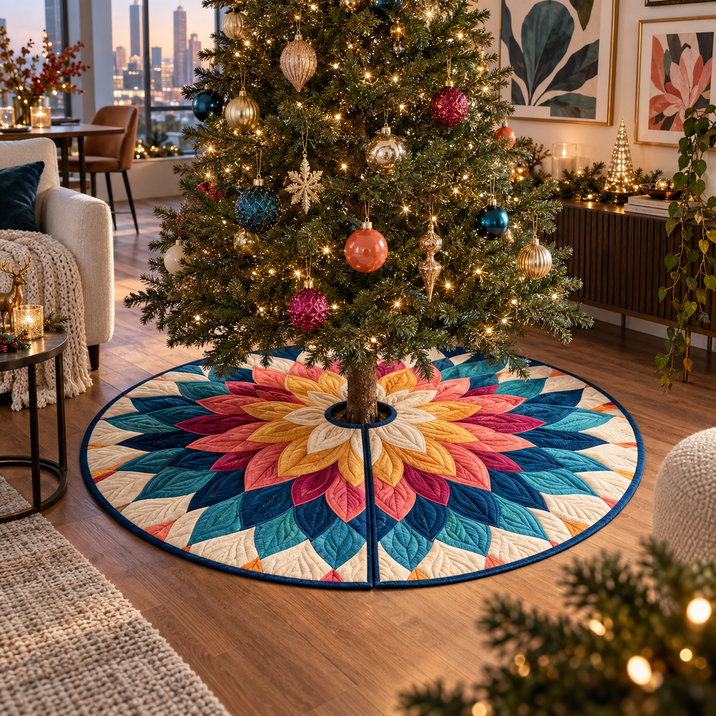 One tree skirt with an original Dahlia Prism Gallery, dimensional dahlias, prismatic frames and apartment-gallery depth.