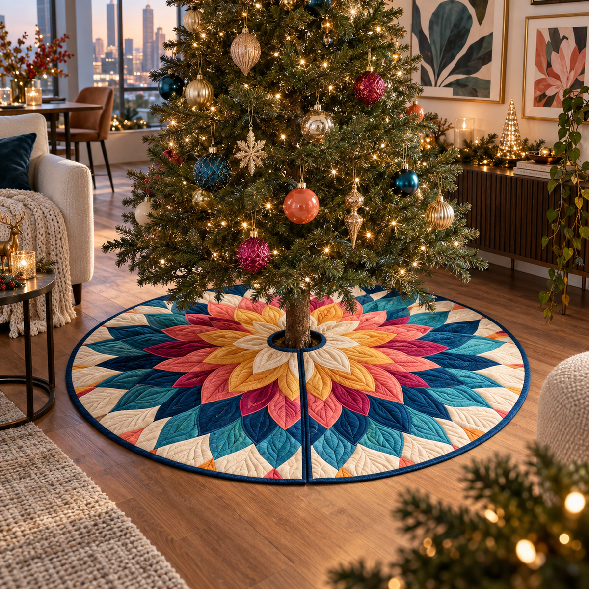 One tree skirt with an original Dahlia Prism Gallery, dimensional dahlias, prismatic frames and apartment-gallery depth.