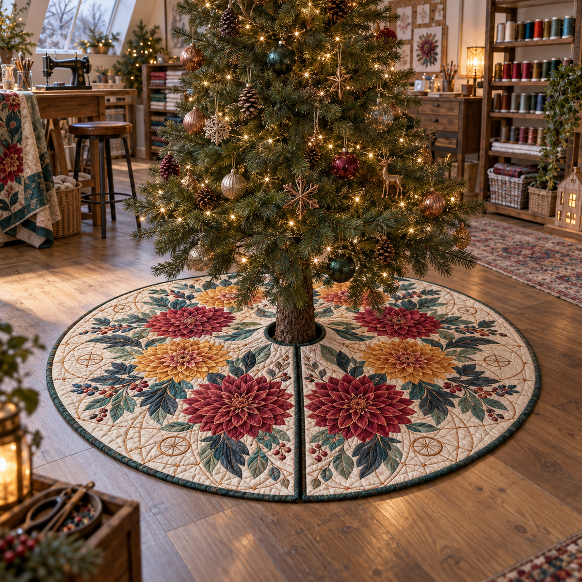 One tree skirt with an original Dahlia Maker Atelier, dimensional dahlias, thread arcs and maker-studio depth.