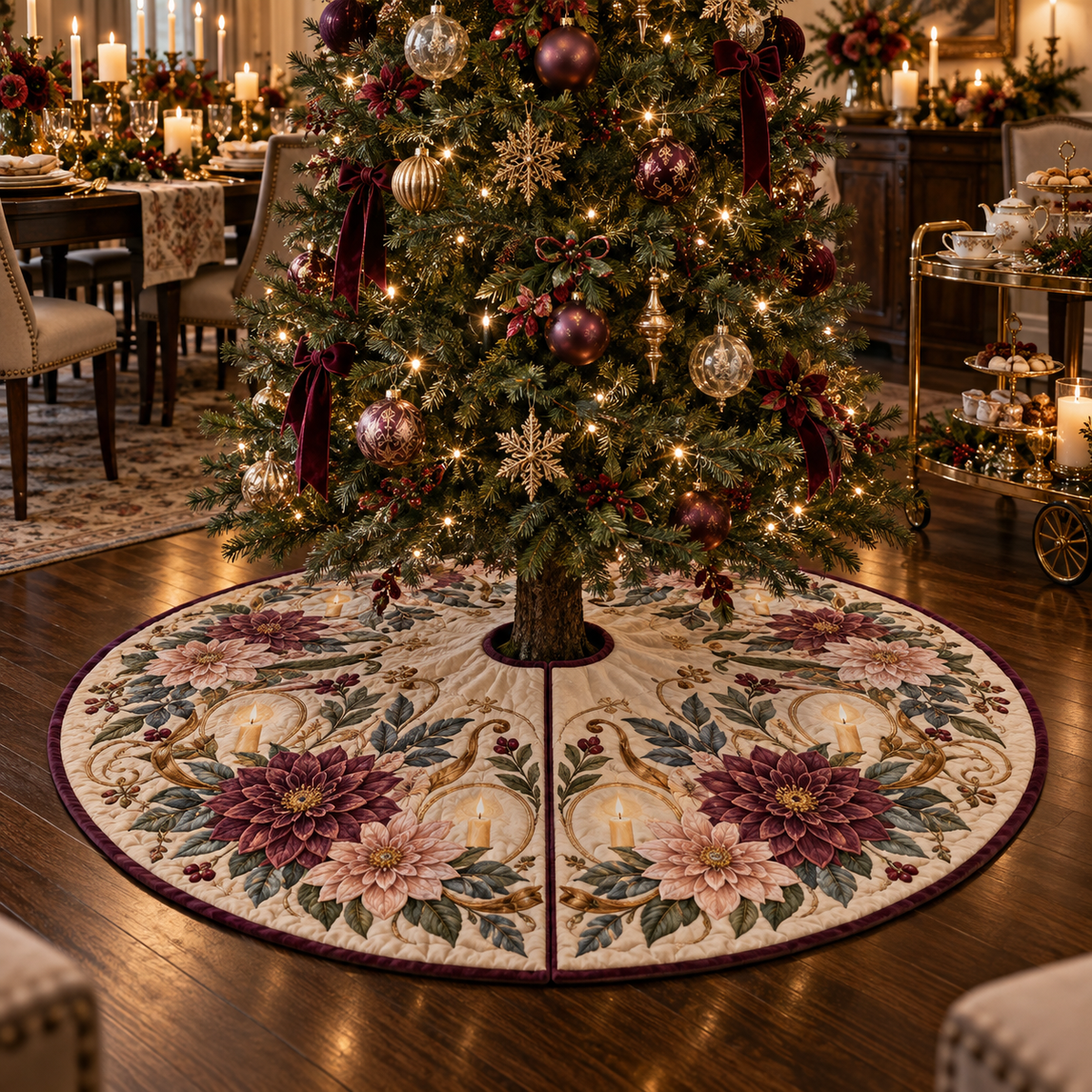 One tree skirt with an original Dahlia Gratitude Supper, dimensional dahlias, candle halos and gracious-hosting depth.
