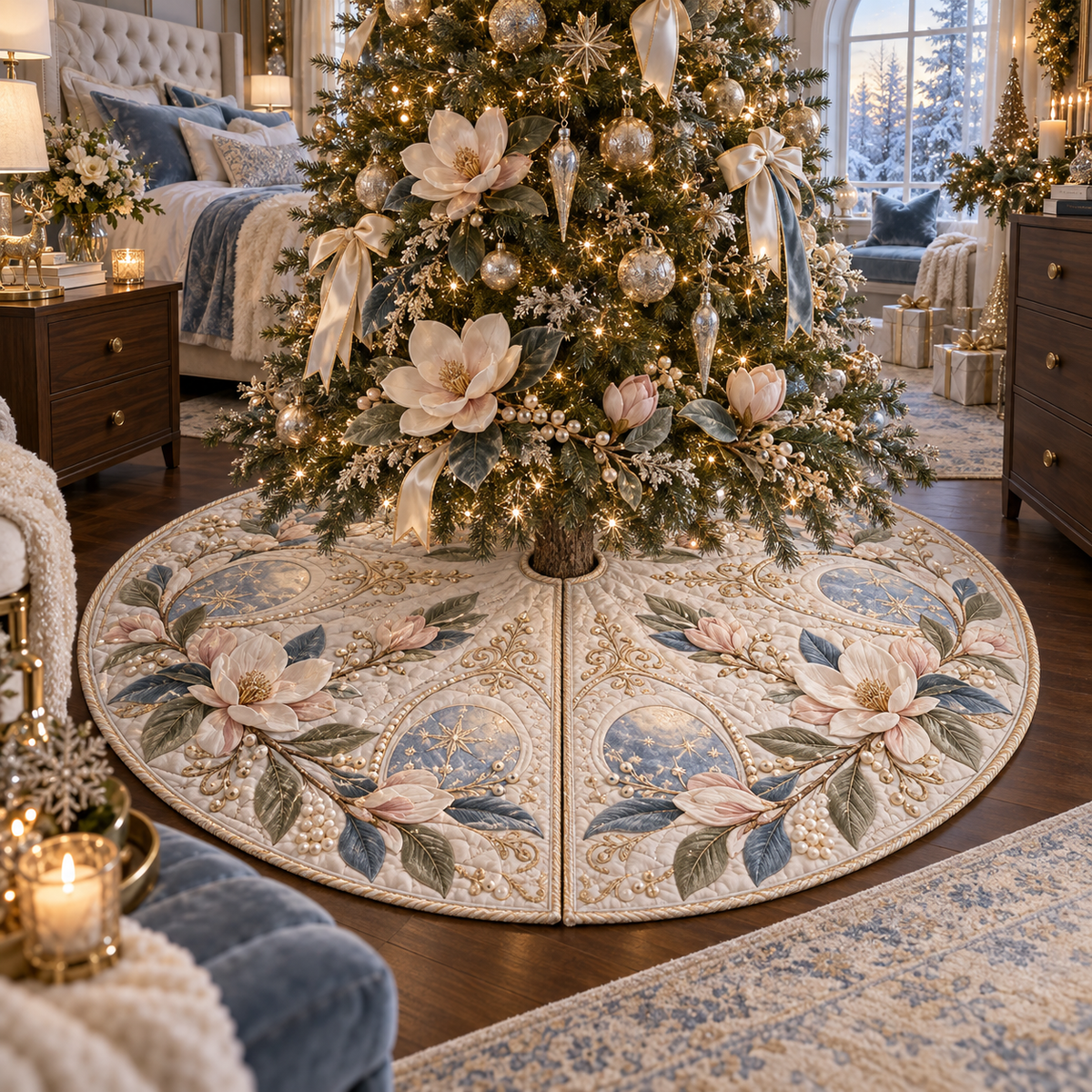 One tree skirt with an original Magnolia Moonstone Bedroom, dimensional magnolias, moonstone arches and bedroom depth.