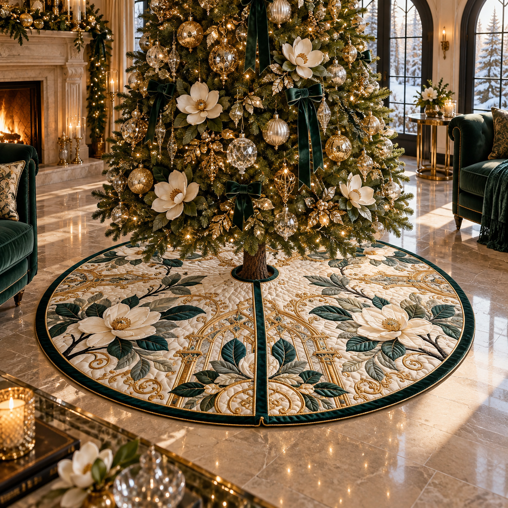 One tree skirt with an original Magnolia Gilded Atrium Salon, dimensional magnolias, gilded atrium arches and salon depth.