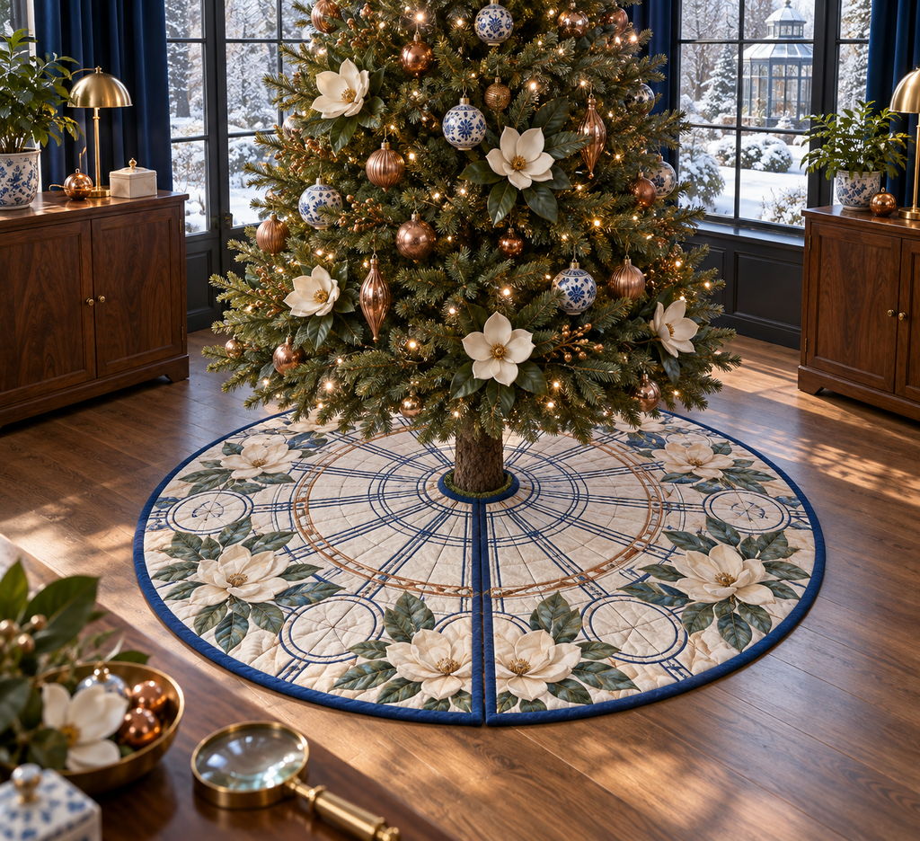 One tree skirt with an original Magnolia Blueprint Conservatory, dimensional magnolias, copper conservatory ribs and office depth.
