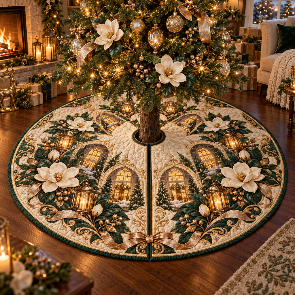 One tree skirt with an original Magnolia Hearthlight Welcome, dimensional magnolias, amber lanterns and warm new-home depth.