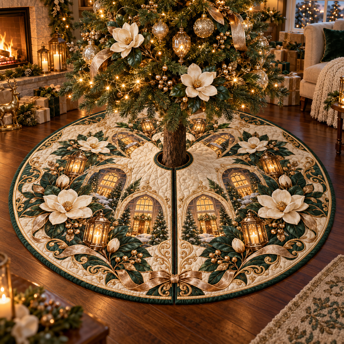 One tree skirt with an original Magnolia Hearthlight Welcome, dimensional magnolias, amber lanterns and warm new-home depth.