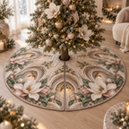 One tree skirt with an original Magnolia Whispering Alcove, dimensional magnolias, arched niches and calm reading-corner depth.
