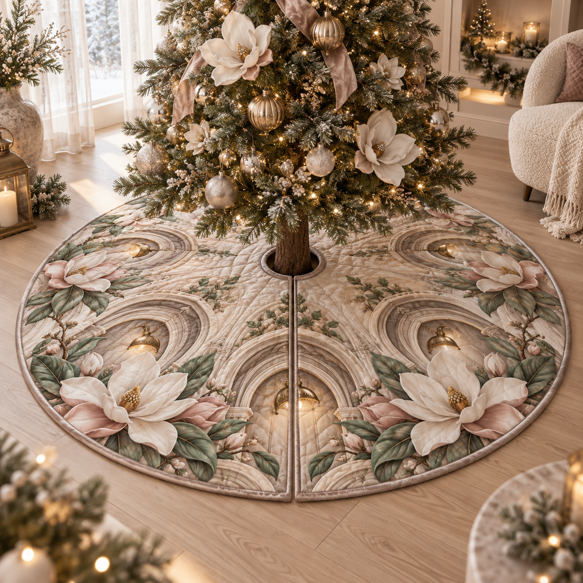 One tree skirt with an original Magnolia Whispering Alcove, dimensional magnolias, arched niches and calm reading-corner depth.