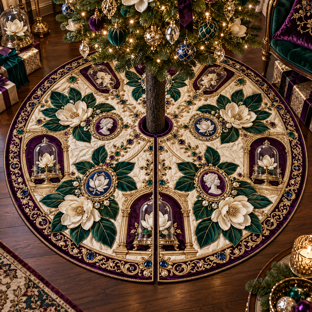 One tree skirt with an original Magnolia Jewel Cabinet, pearl magnolias, jeweled cameos and collector-gallery depth.