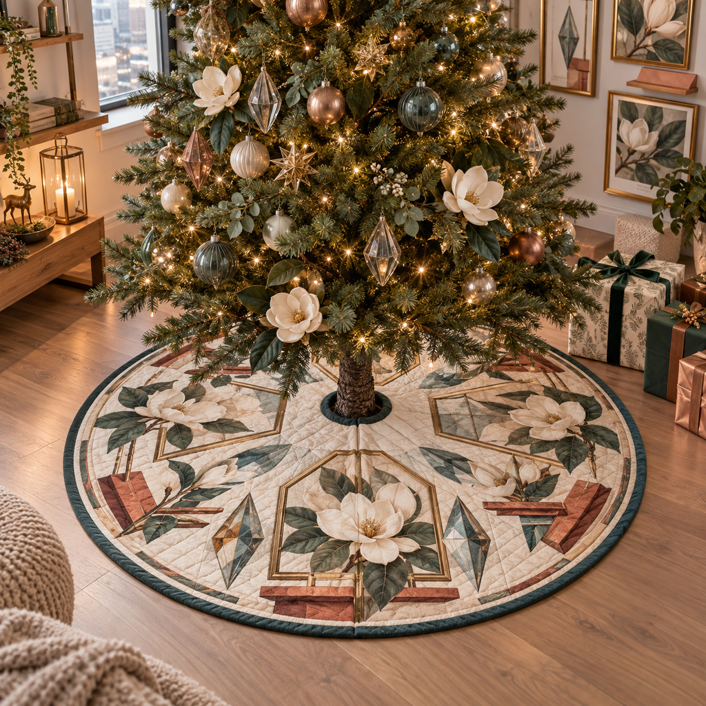 One tree skirt with an original Magnolia Prism Gallery, ivory magnolias, floating frames and prismatic apartment-gallery depth.