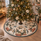 One tree skirt with an original Magnolia Prism Gallery, ivory magnolias, floating frames and prismatic apartment-gallery depth.
