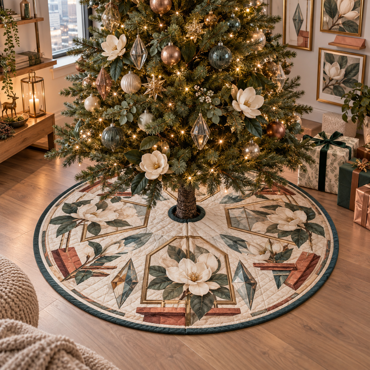 One tree skirt with an original Magnolia Prism Gallery, ivory magnolias, floating frames and prismatic apartment-gallery depth.