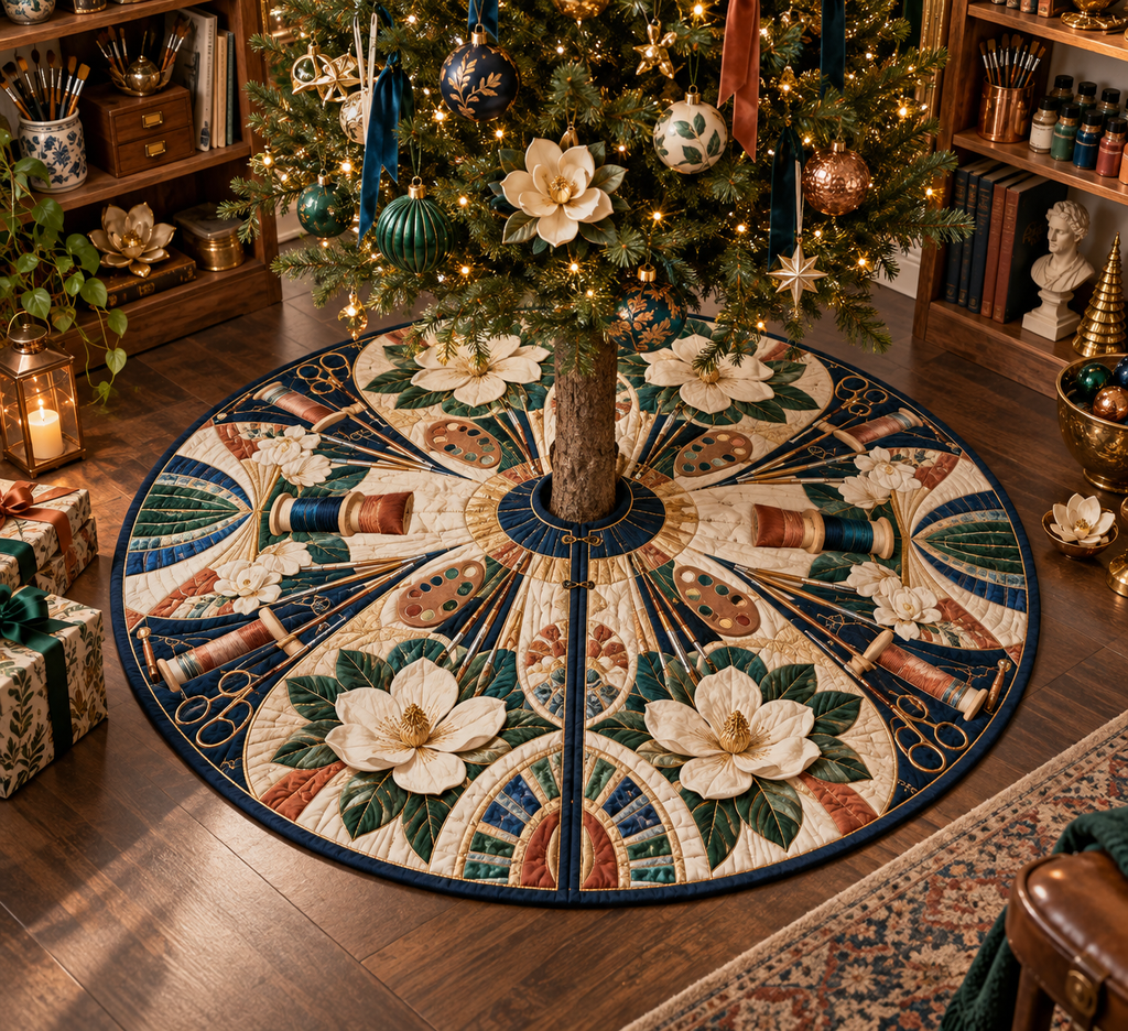 One tree skirt with an original Magnolia Maker Atelier, ivory magnolias, creative tools and dimensional studio depth.