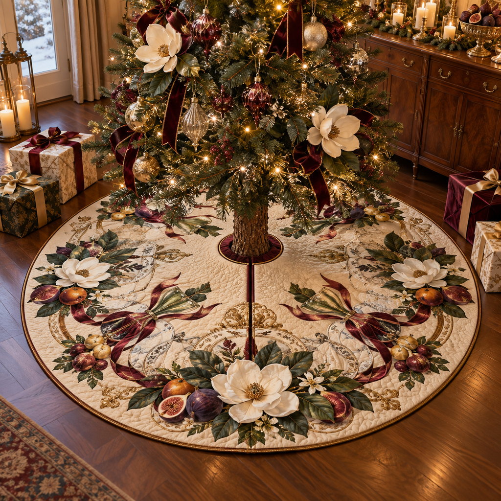 One tree skirt with an original Magnolia Gratitude Feast, cream magnolias, ribbon loops and candlelit host-salon depth.