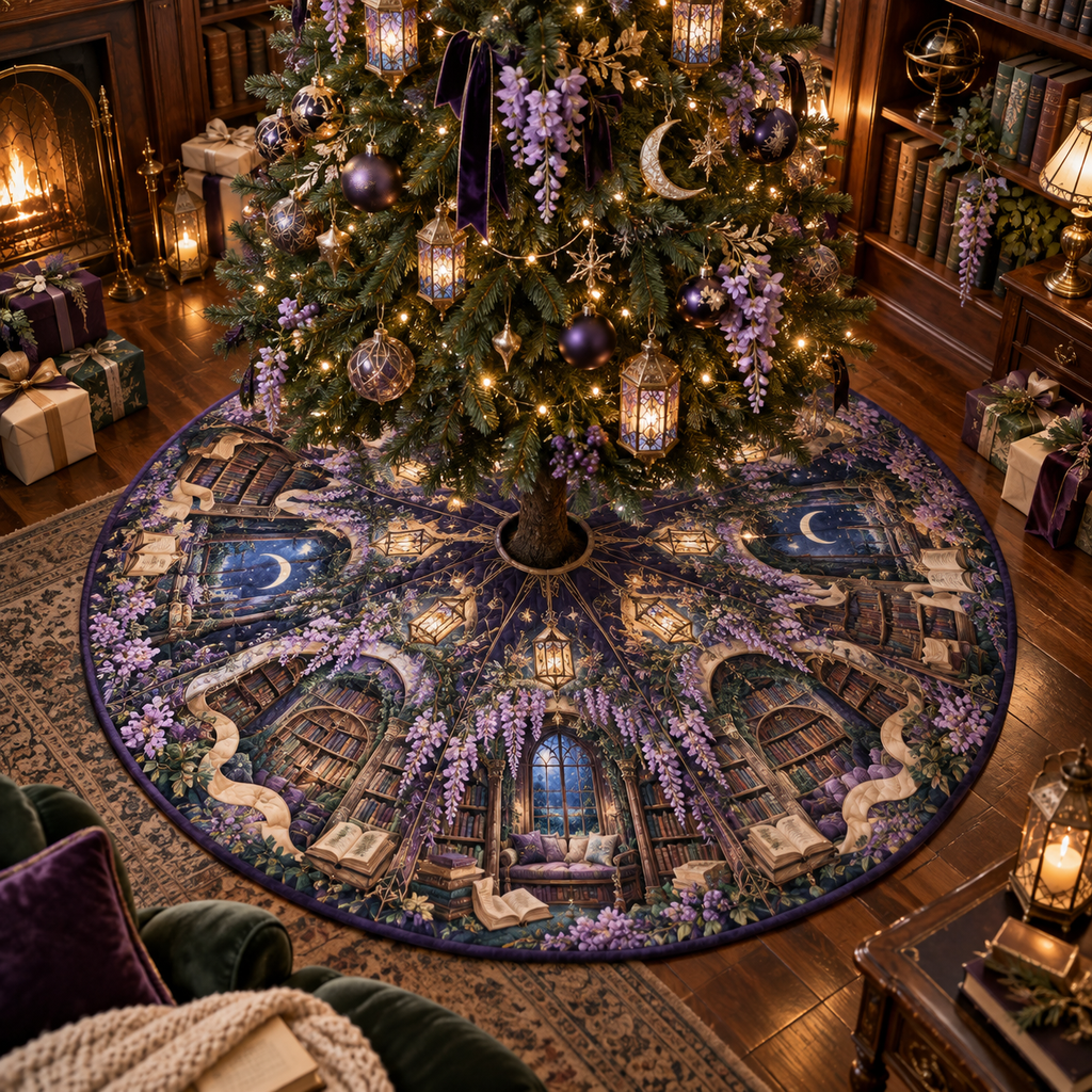 One tree skirt with an original Wisteria Lantern Library, cascading violet blooms, book arches and moonlit reading-nook depth.